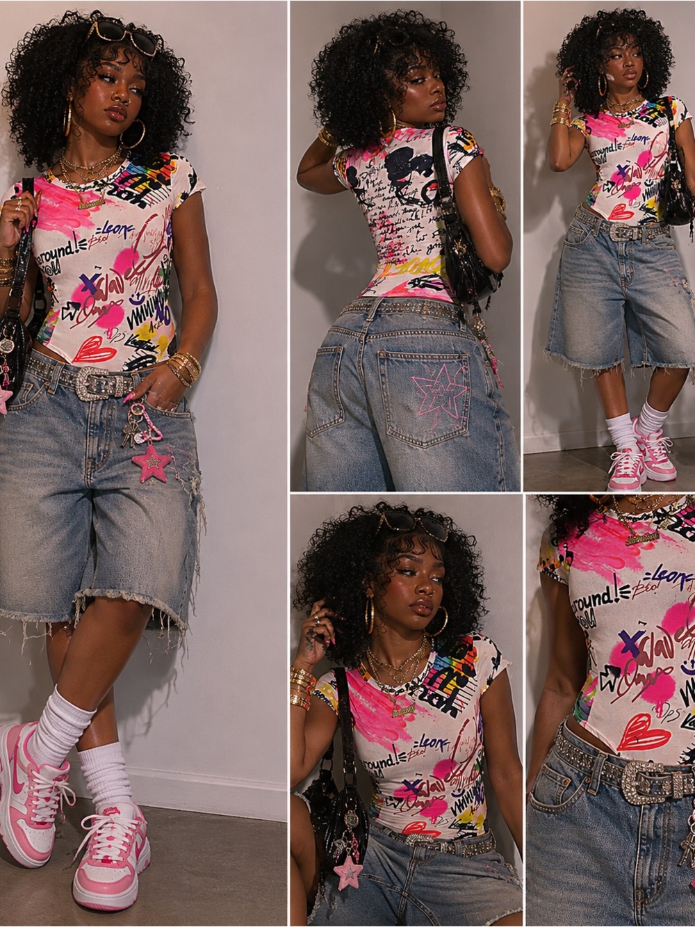 Graffiti Print Bodysuit in White with Multicolor Accents